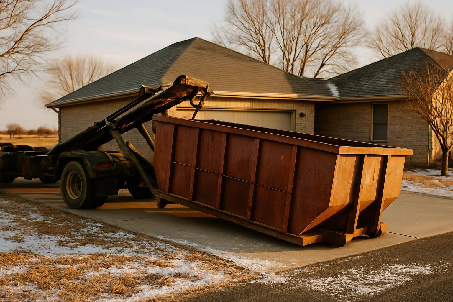 Dumpster positioned beside residential driveway in Kansas