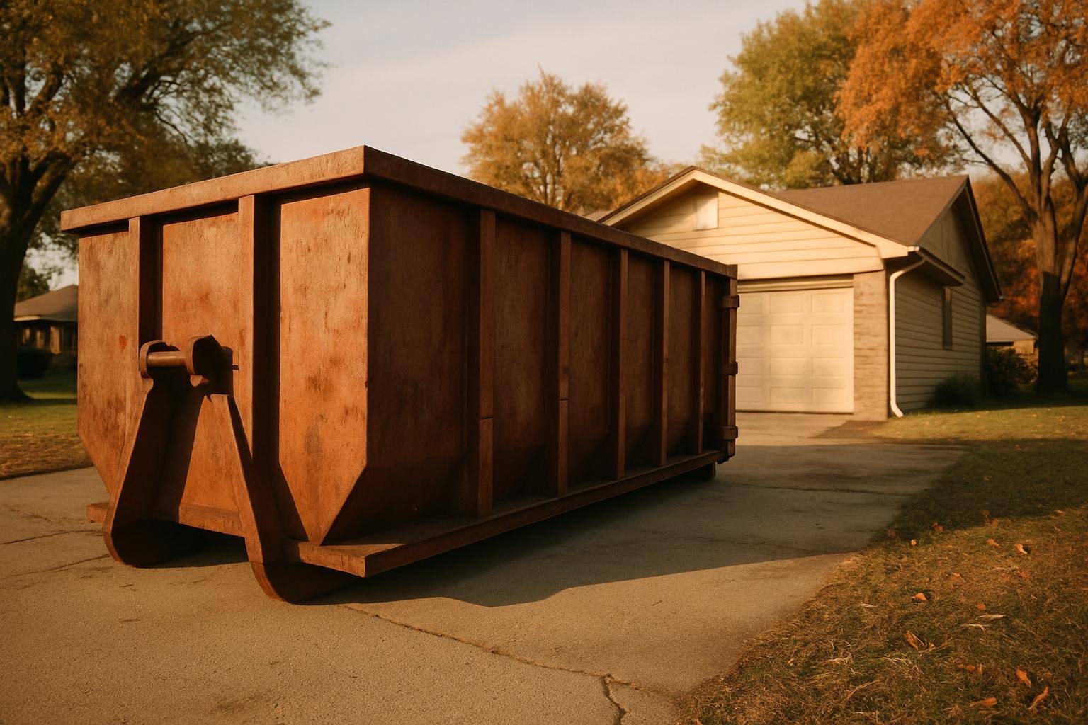 Roll-off dumpster beside home renovation driveway in Arma, KS