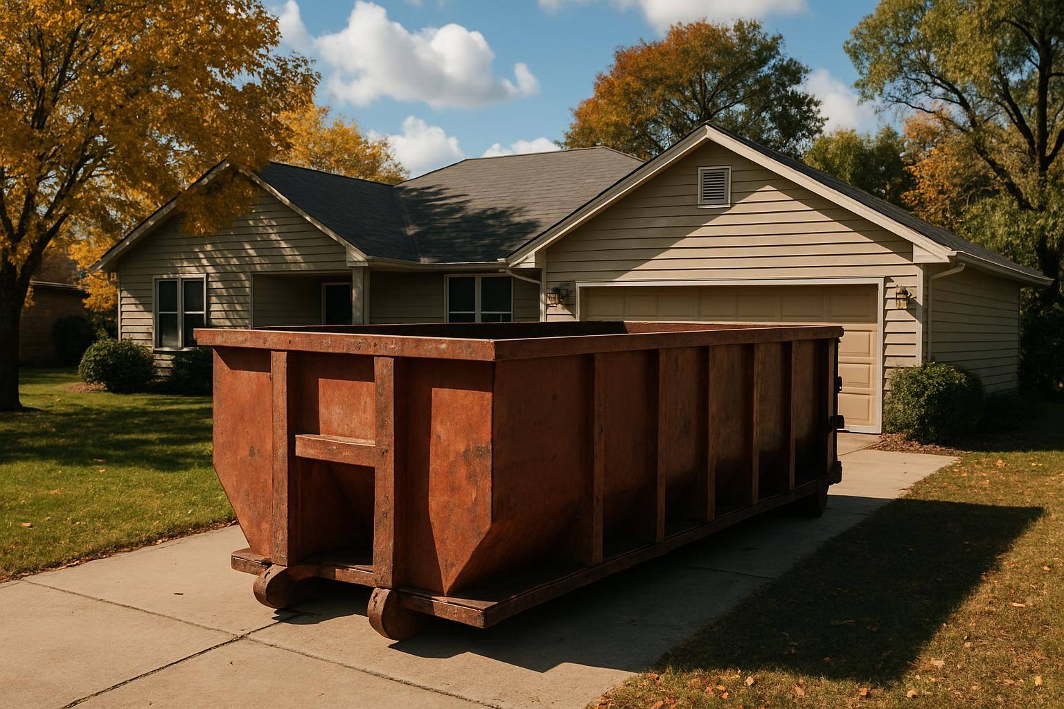 Mid-size dumpster in front of suburban house in Arma, KS